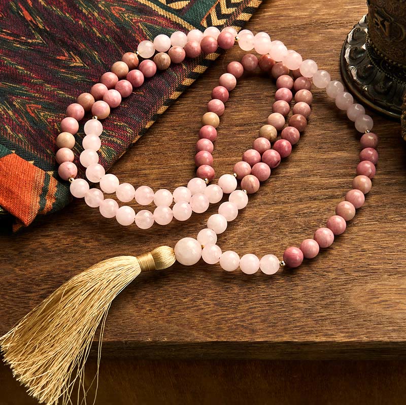 Wear FengShui 108 Mala Beads Rhodonite Rose Quartz Tassel Healing Bracelet