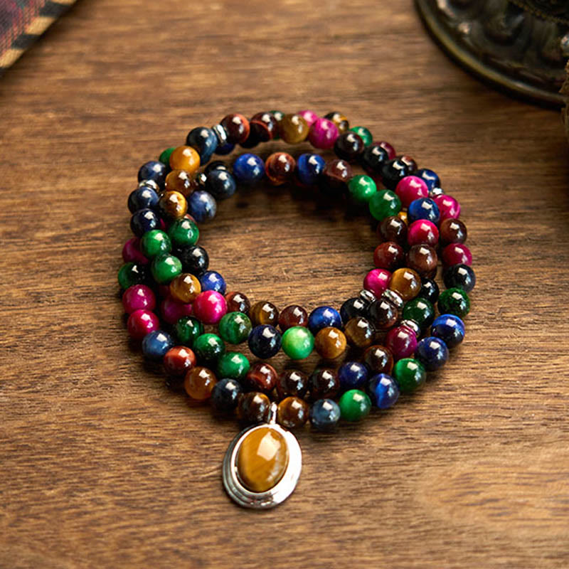Wear FengShui 108 Mala Beads Natural Colorful Tiger Eye Stone Multi-turn Protection Bracelet