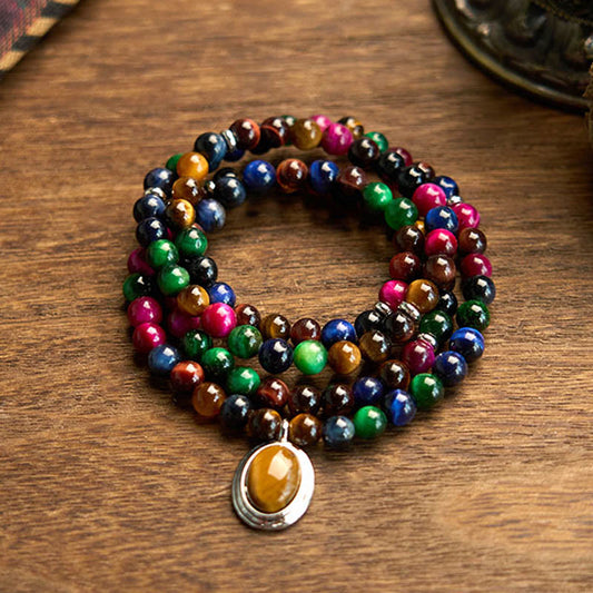 Wear FengShui 108 Mala Beads Natural Colorful Tiger Eye Stone Multi-turn Protection Bracelet