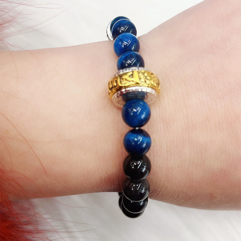 Wear FengShui Silver Sheen Obsidian Blue Tiger Eye Om Mani Padme Hum Protection Bracelet