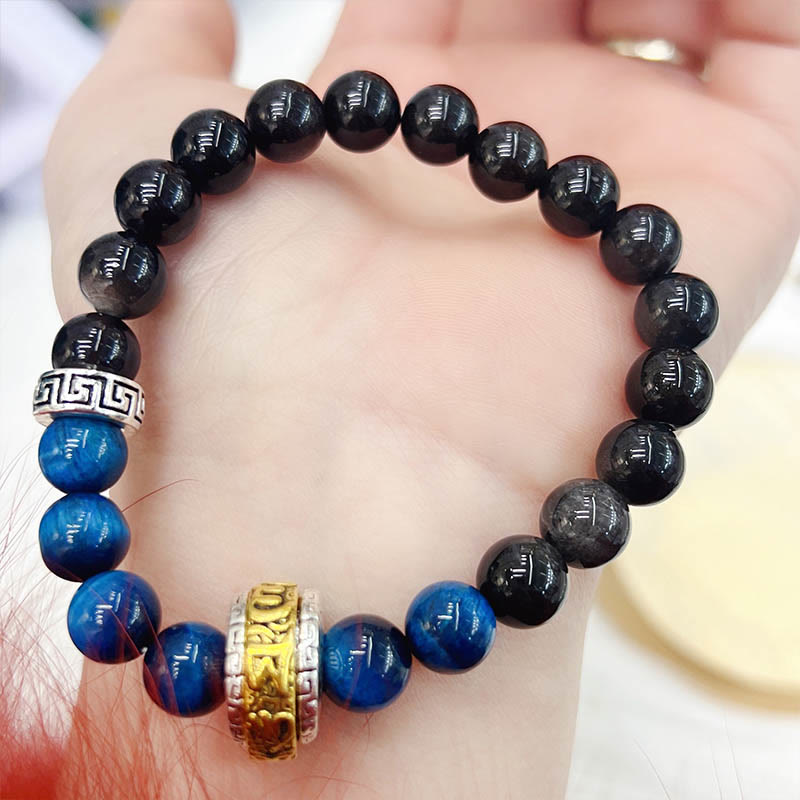 Wear FengShui Silver Sheen Obsidian Blue Tiger Eye Om Mani Padme Hum Protection Bracelet