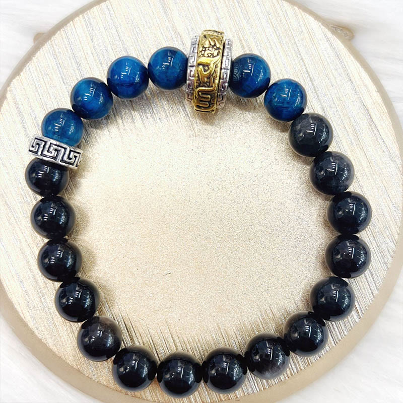 Wear FengShui Silver Sheen Obsidian Blue Tiger Eye Om Mani Padme Hum Protection Bracelet
