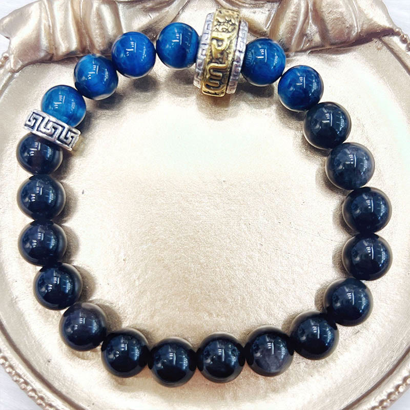 Wear FengShui Silver Sheen Obsidian Blue Tiger Eye Om Mani Padme Hum Protection Bracelet