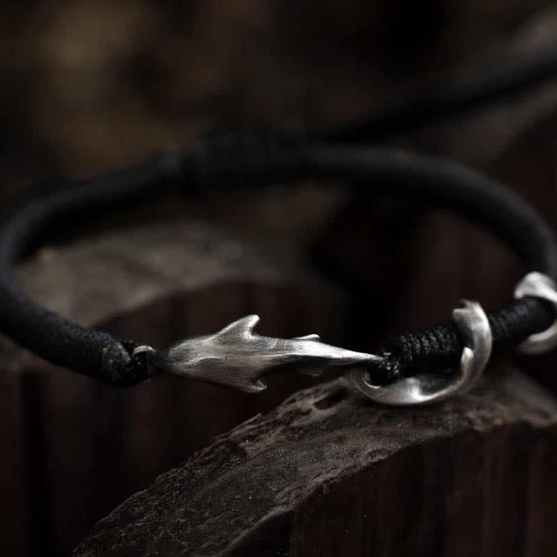Wear FengShui 999 Sterling Silver Shark Black Wax Rope Protection Bracelet