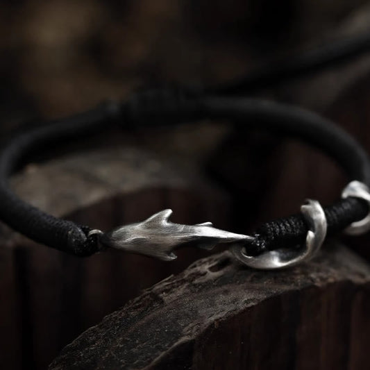 Wear FengShui 999 Sterling Silver Shark Black Wax Rope Protection Bracelet