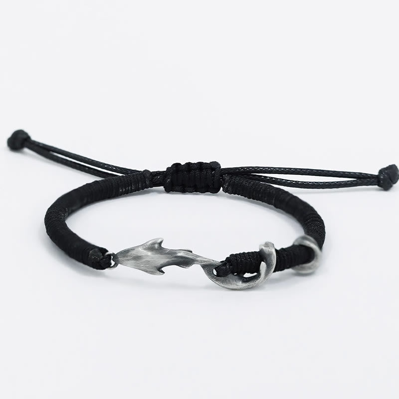 Wear FengShui 999 Sterling Silver Shark Black Wax Rope Protection Bracelet