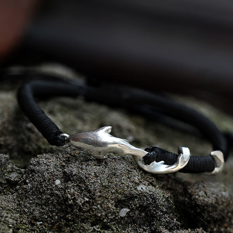 Wear FengShui 999 Sterling Silver Shark Black Wax Rope Protection Bracelet