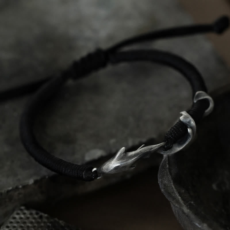 Wear FengShui 999 Sterling Silver Shark Black Wax Rope Protection Bracelet