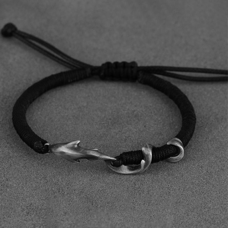 Wear FengShui 999 Sterling Silver Shark Black Wax Rope Protection Bracelet