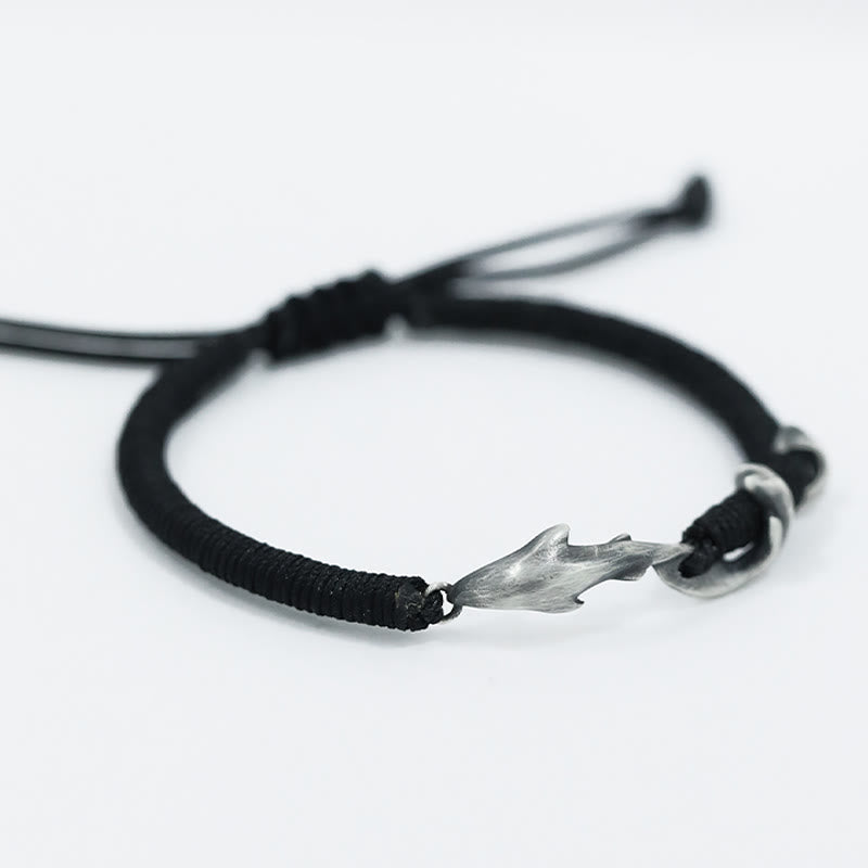 Wear FengShui 999 Sterling Silver Shark Black Wax Rope Protection Bracelet
