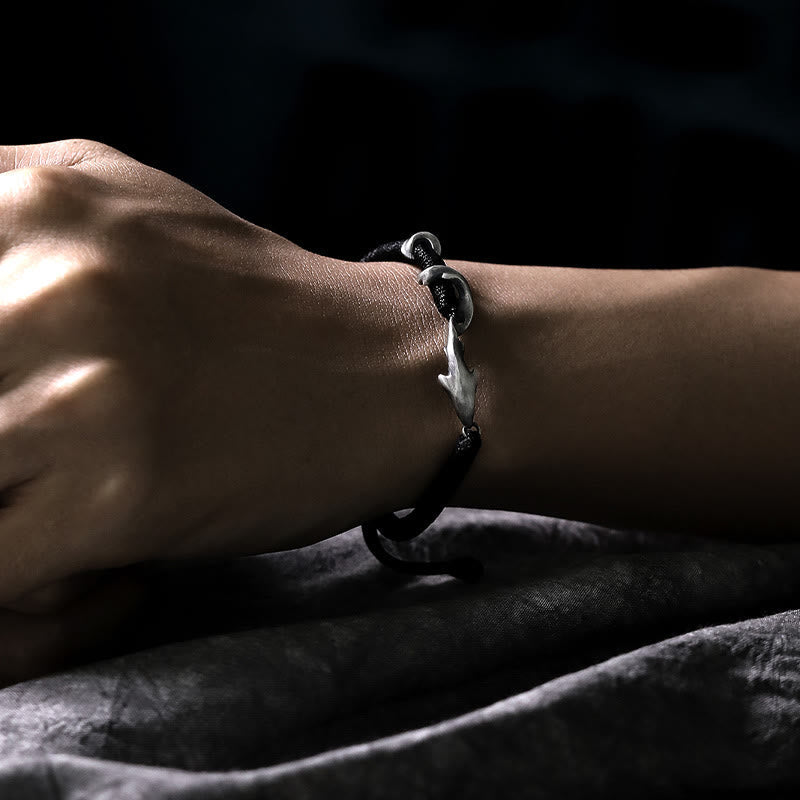 Wear FengShui 999 Sterling Silver Shark Black Wax Rope Protection Bracelet