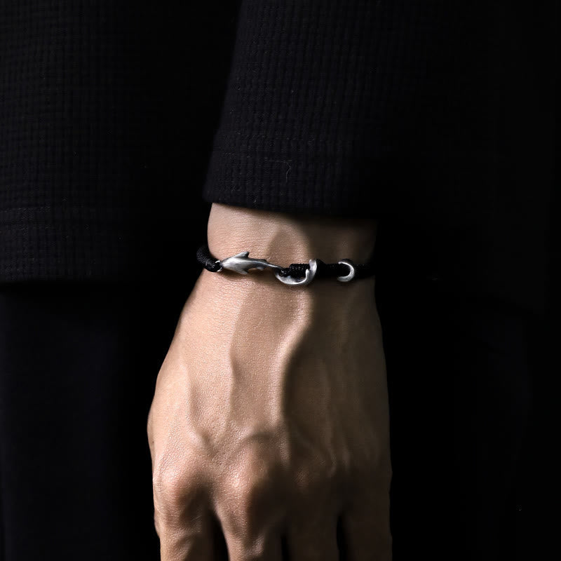 Wear FengShui 999 Sterling Silver Shark Black Wax Rope Protection Bracelet