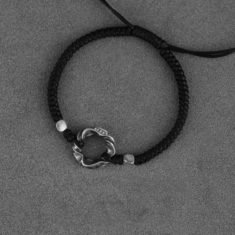 Wear FengShui 999 Sterling Silver Peace Buckle Black Wax Rope Protection Bracelet