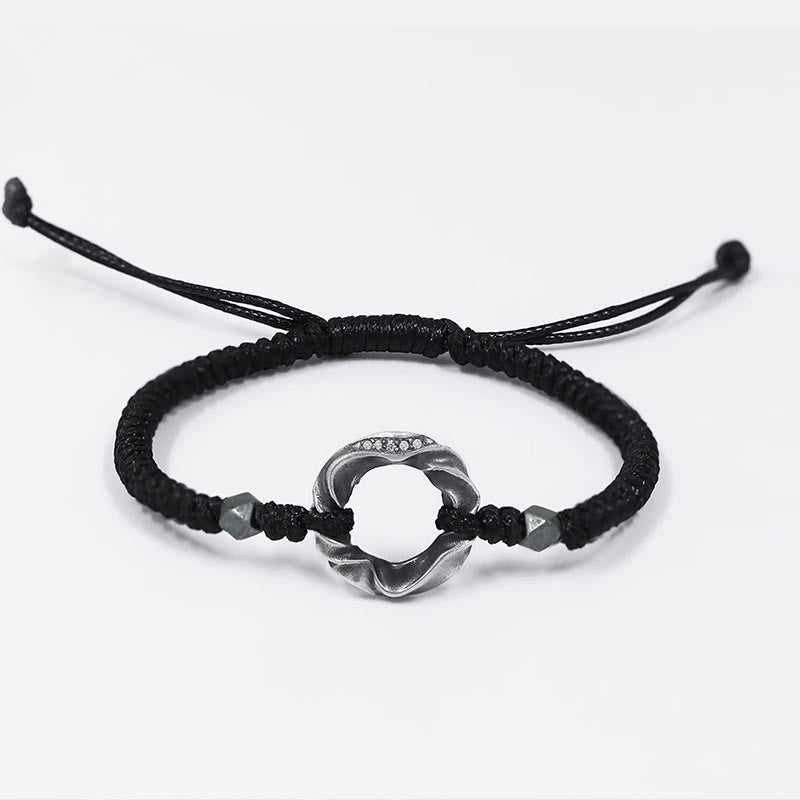 Wear FengShui 999 Sterling Silver Peace Buckle Black Wax Rope Protection Bracelet