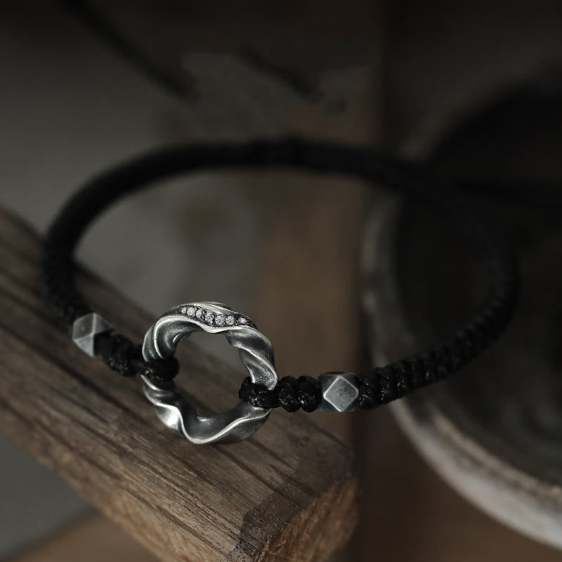 Wear FengShui 999 Sterling Silver Peace Buckle Black Wax Rope Protection Bracelet