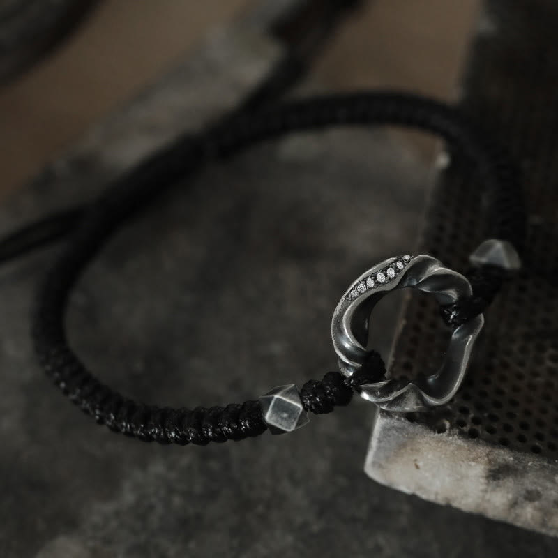 Wear FengShui 999 Sterling Silver Peace Buckle Black Wax Rope Protection Bracelet