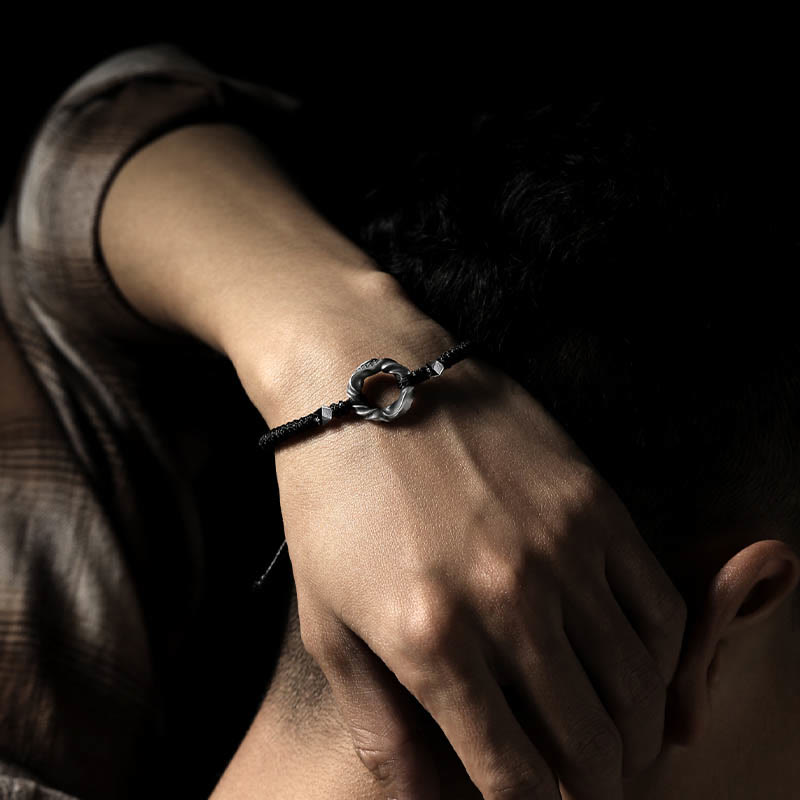 Wear FengShui 999 Sterling Silver Peace Buckle Black Wax Rope Protection Bracelet