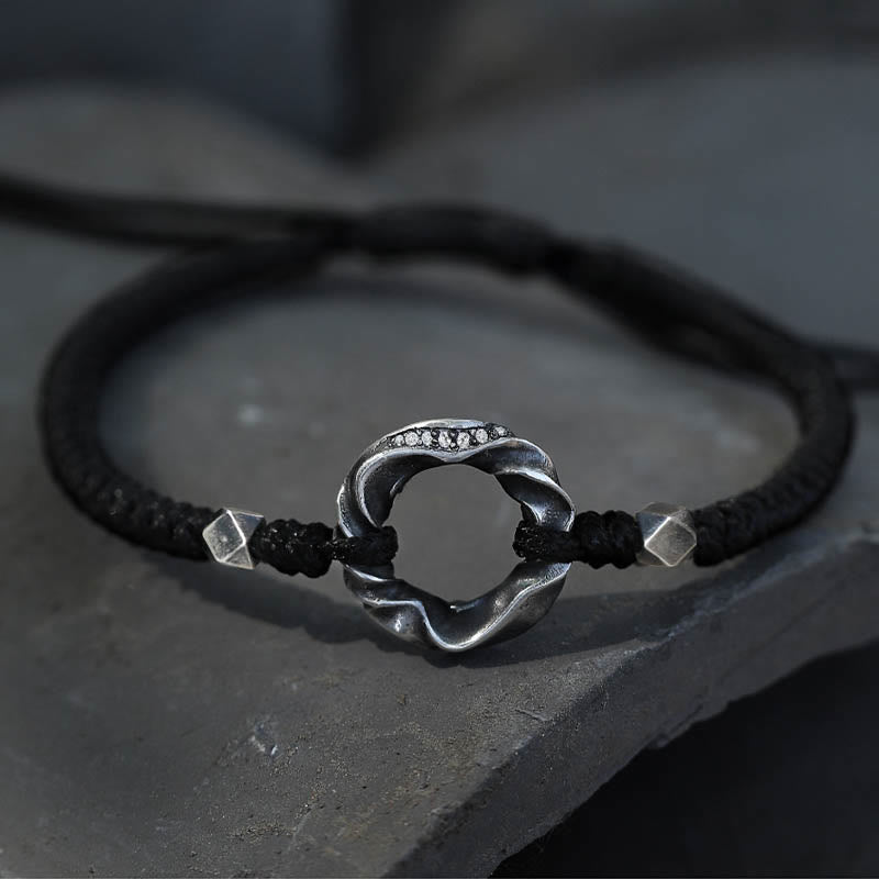 Wear FengShui 999 Sterling Silver Peace Buckle Black Wax Rope Protection Bracelet