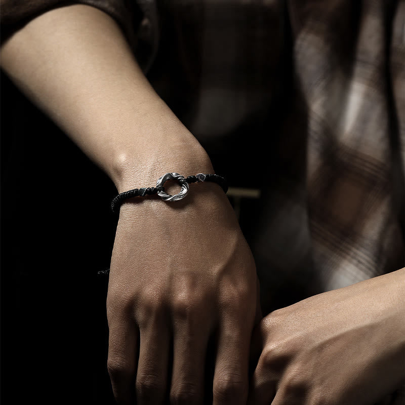 Wear FengShui 999 Sterling Silver Peace Buckle Black Wax Rope Protection Bracelet