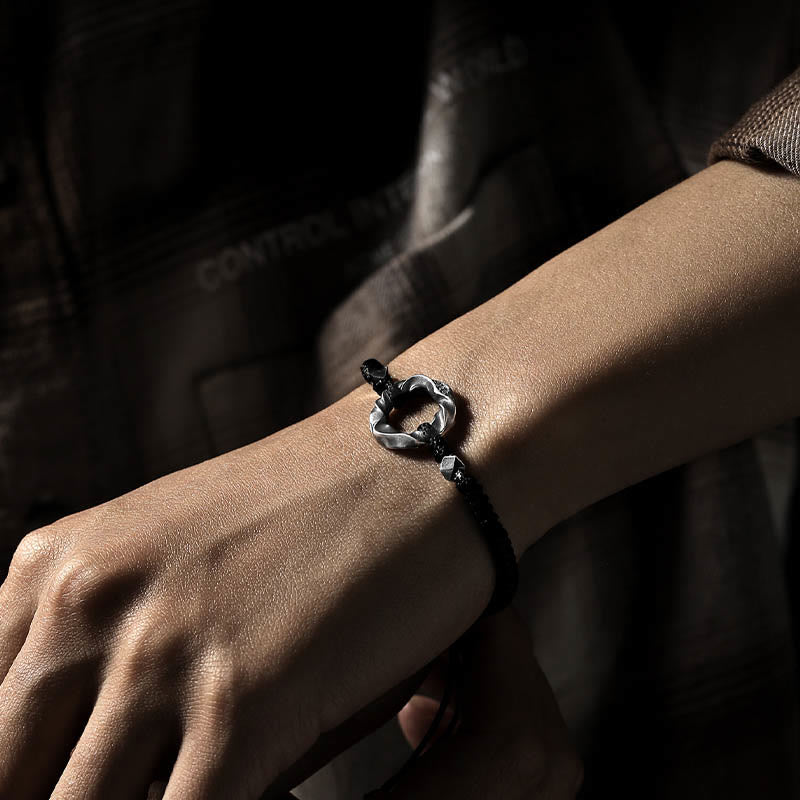 Wear FengShui 999 Sterling Silver Peace Buckle Black Wax Rope Protection Bracelet