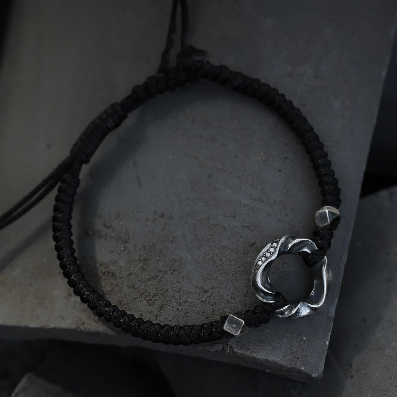 Wear FengShui 999 Sterling Silver Peace Buckle Black Wax Rope Protection Bracelet