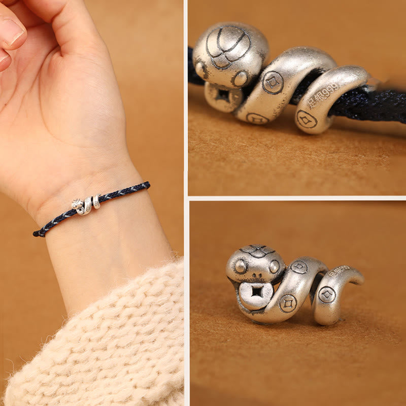 Wear FengShui 999 Sterling Silver Year of the Snake Handmade Copper Coin Protection Braided Bracelet