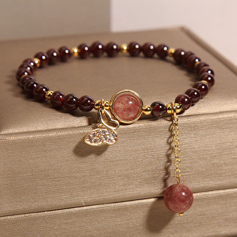 Wear FengShui Natural Garnet Strawberry Quartz Butterfly Protection Bracelet