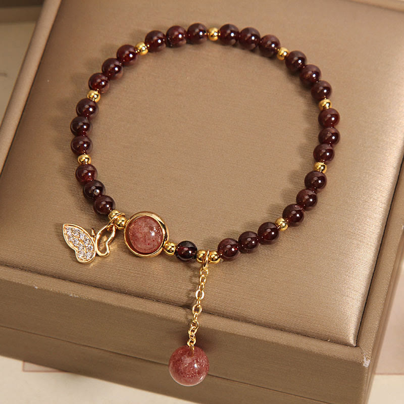 Wear FengShui Natural Garnet Strawberry Quartz Butterfly Protection Bracelet