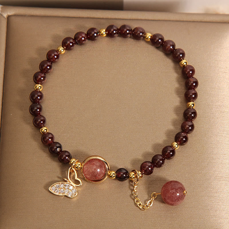 Wear FengShui Natural Garnet Strawberry Quartz Butterfly Protection Bracelet