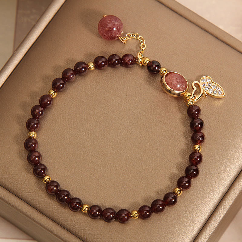 Wear FengShui Natural Garnet Strawberry Quartz Butterfly Protection Bracelet