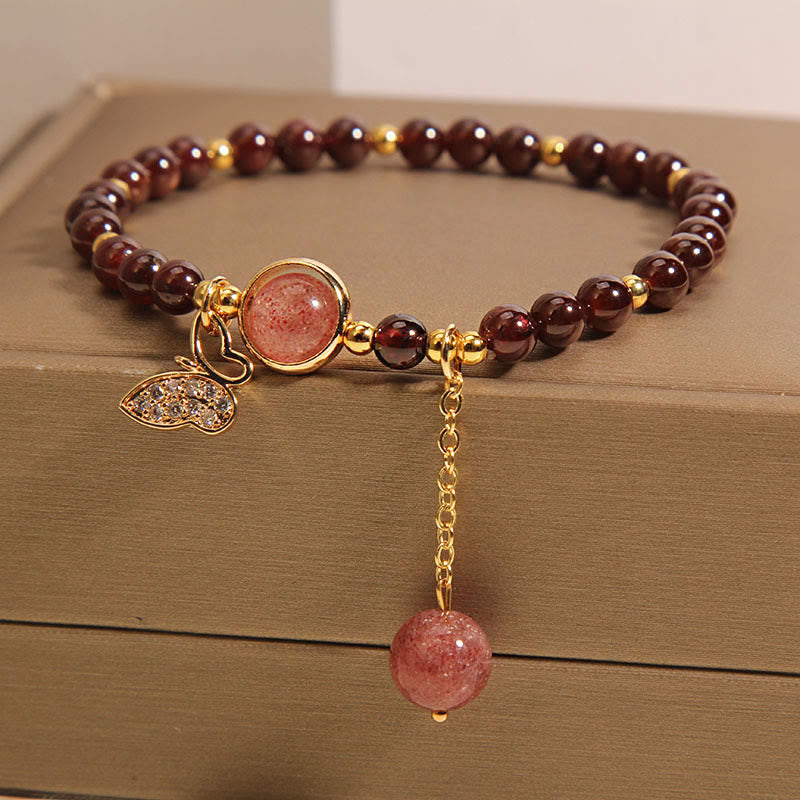 Wear FengShui Natural Garnet Strawberry Quartz Butterfly Protection Bracelet