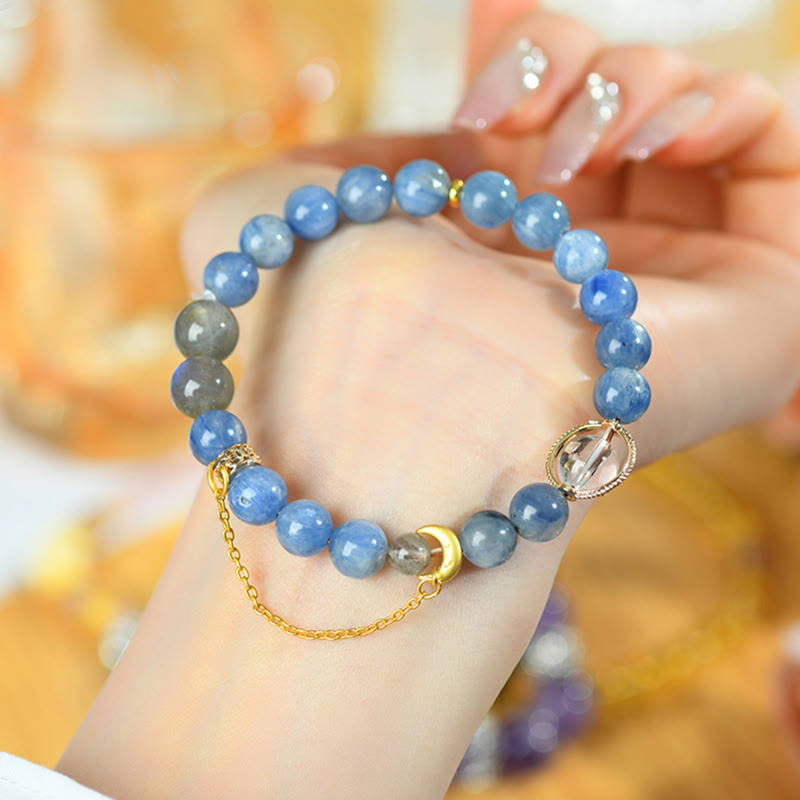 Wear FengShui Natural Kyanite Labradorite White Crystal Crescent Moon Communication Bracelet
