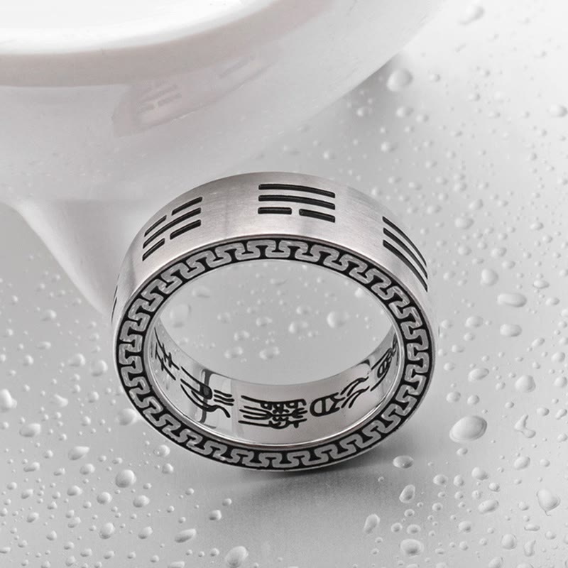 Wear FengShui Bagua Yin Yang Taoist Nine-Character Mantra Titanium Steel Harmony Ring