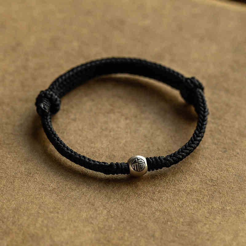 Wear FengShui Handmade String 925 Sterling Silver Fu Bead Braided Fortune Bracelet