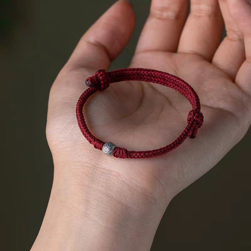 Wear FengShui Handmade String 925 Sterling Silver Fu Bead Braided Fortune Bracelet