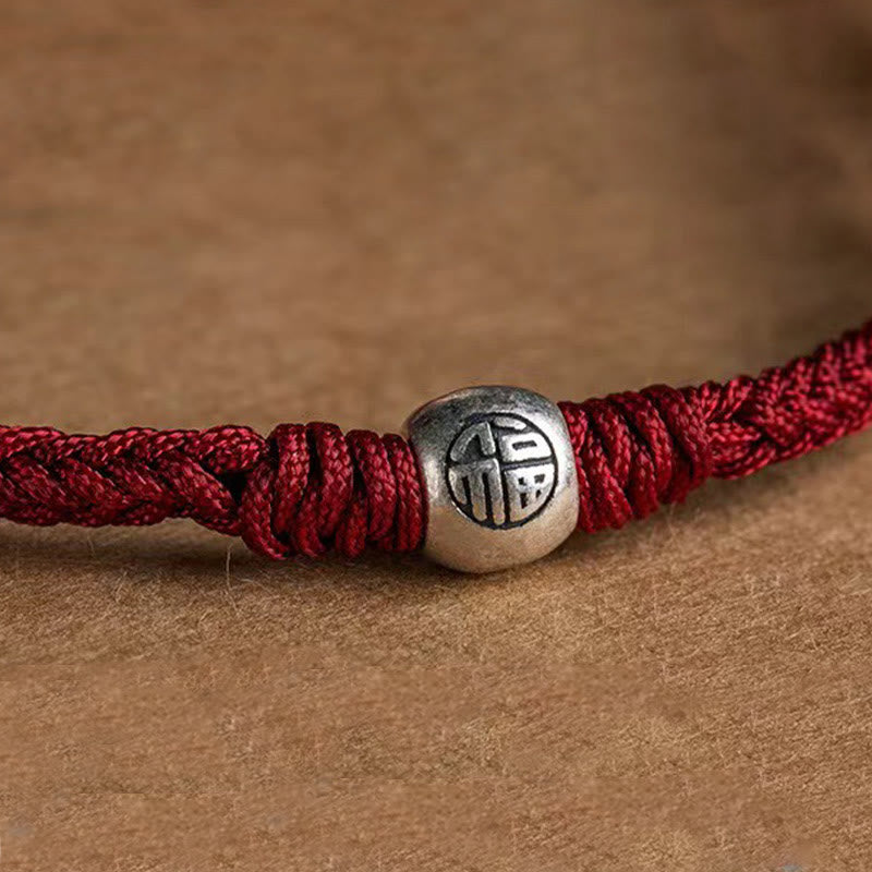 Wear FengShui Handmade String 925 Sterling Silver Fu Bead Braided Fortune Bracelet