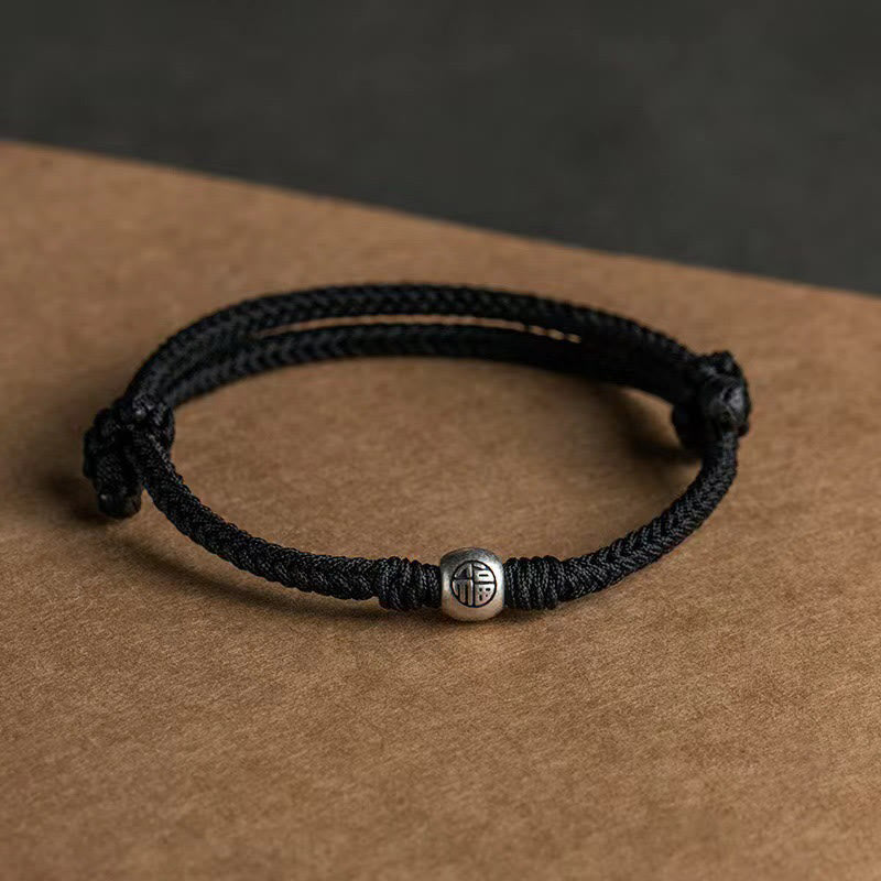 Wear FengShui Handmade String 925 Sterling Silver Fu Bead Braided Fortune Bracelet