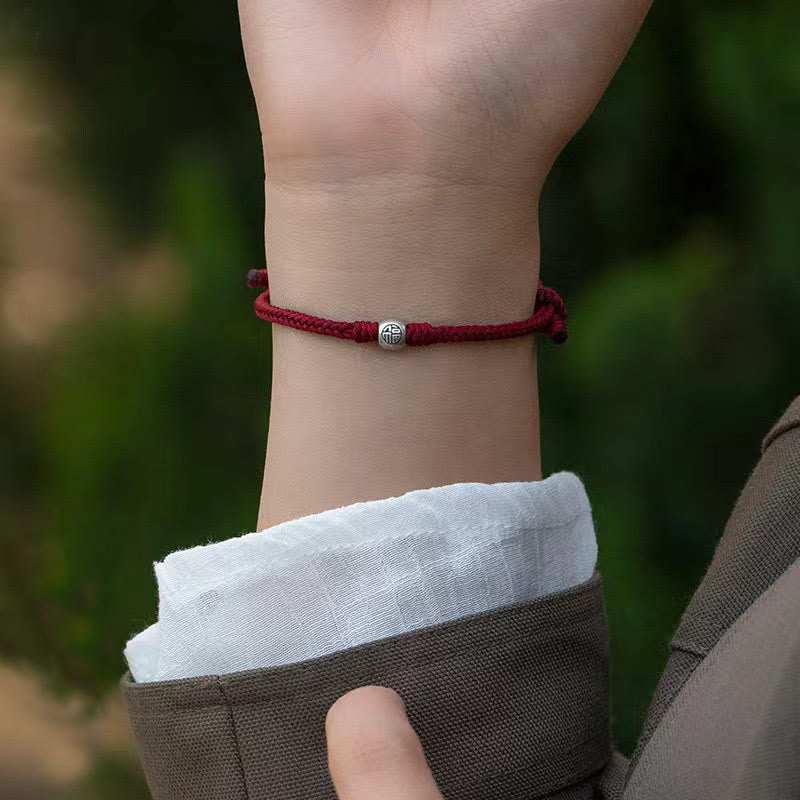 Wear FengShui Handmade String 925 Sterling Silver Fu Bead Braided Fortune Bracelet