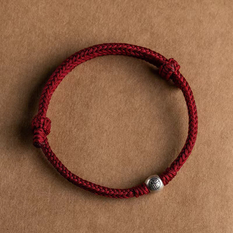 Wear FengShui Handmade String 925 Sterling Silver Fu Bead Braided Fortune Bracelet