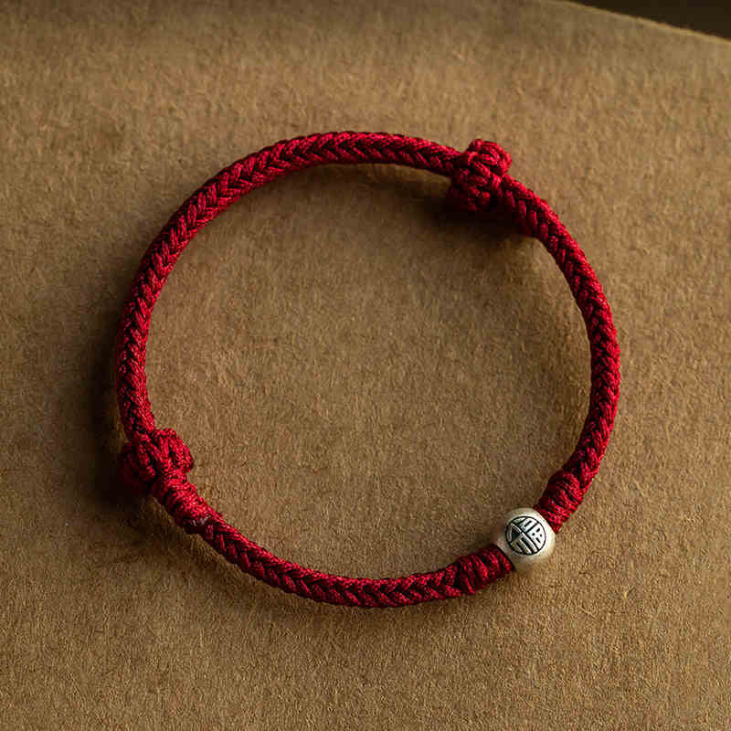 Wear FengShui Handmade String 925 Sterling Silver Fu Bead Braided Fortune Bracelet