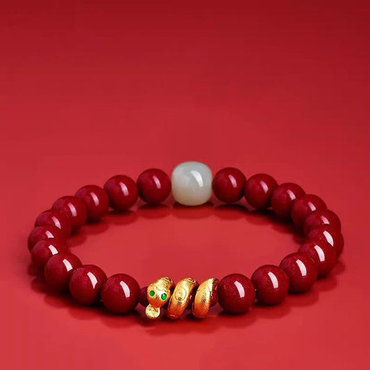 Wear FengShui Cinnabar Bead Hetian Jade Year Of The Snake Blessing Bracelet