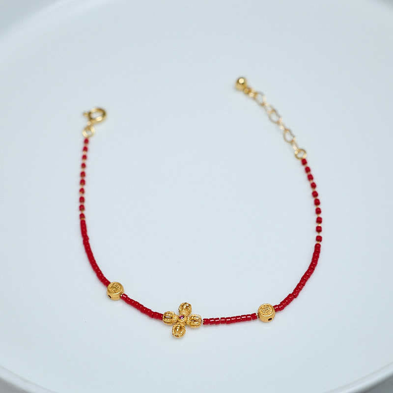 Wear FengShui 925 Sterling Silver Plated 24k Gold Liuli Glass Bead PiXiu Four Leaf Clover Joy And Happiness Wealth Bracelet