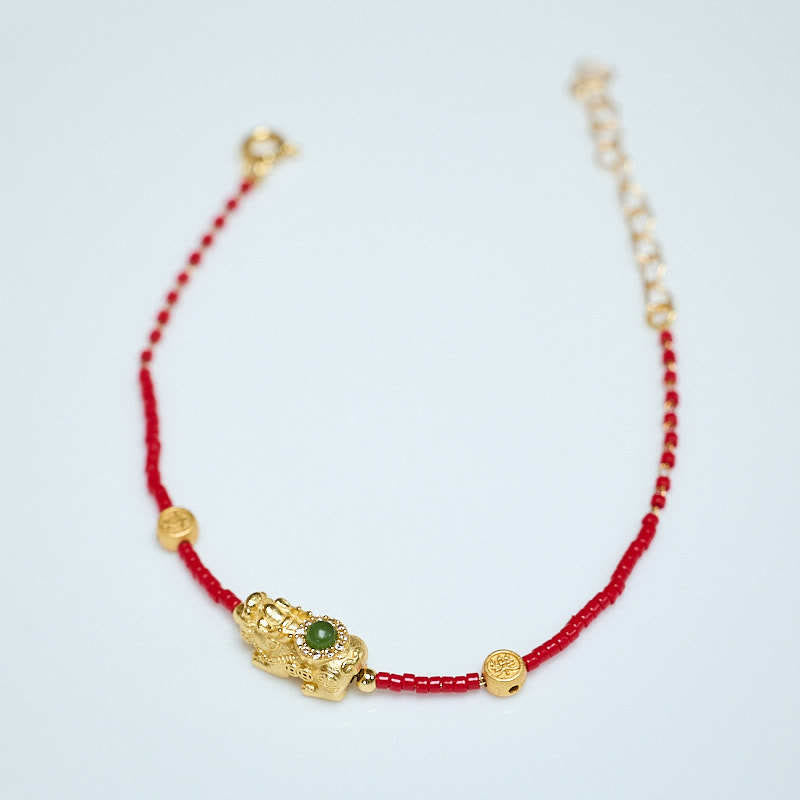 Wear FengShui 925 Sterling Silver Plated 24k Gold Liuli Glass Bead PiXiu Four Leaf Clover Joy And Happiness Wealth Bracelet