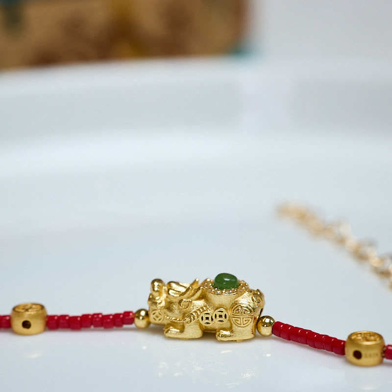 Wear FengShui 925 Sterling Silver Plated 24k Gold Liuli Glass Bead PiXiu Four Leaf Clover Joy And Happiness Wealth Bracelet