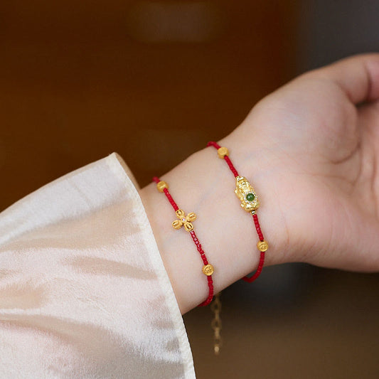 Wear FengShui 925 Sterling Silver Plated 24k Gold Liuli Glass Bead PiXiu Four Leaf Clover Joy And Happiness Wealth Bracelet