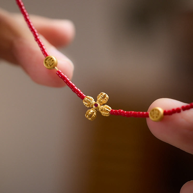 Wear FengShui 925 Sterling Silver Plated 24k Gold Liuli Glass Bead PiXiu Four Leaf Clover Joy And Happiness Wealth Bracelet