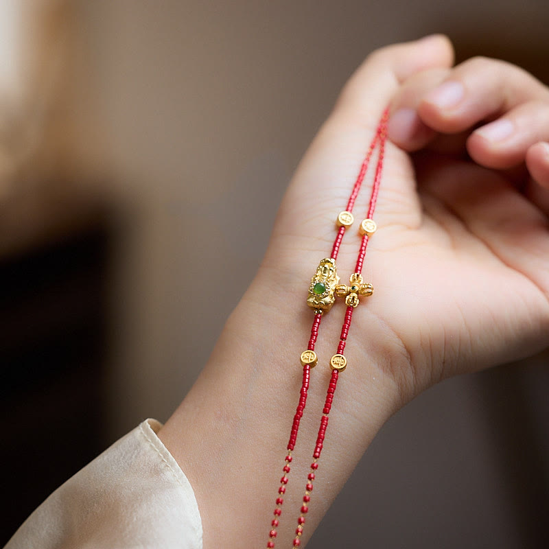 Wear FengShui 925 Sterling Silver Plated 24k Gold Liuli Glass Bead PiXiu Four Leaf Clover Joy And Happiness Wealth Bracelet