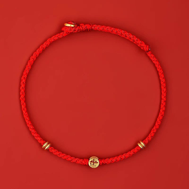 Wear FengShui Handmade Braided Red String 925 Sterling Silver Fu Character Luck Bracelet