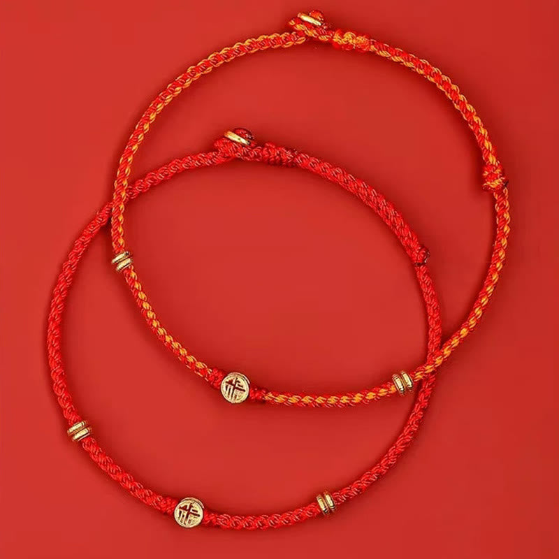 Wear FengShui Handmade Braided Red String 925 Sterling Silver Fu Character Luck Bracelet
