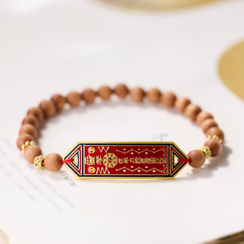 Wear FengShui Sandalwood Wood Bead Gold Plated Copper Bagua Yin Yang Chinese Character Harmony Bracelet